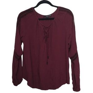 Shoulder Red Burgundy Long Sleeve Lace Up Blouse